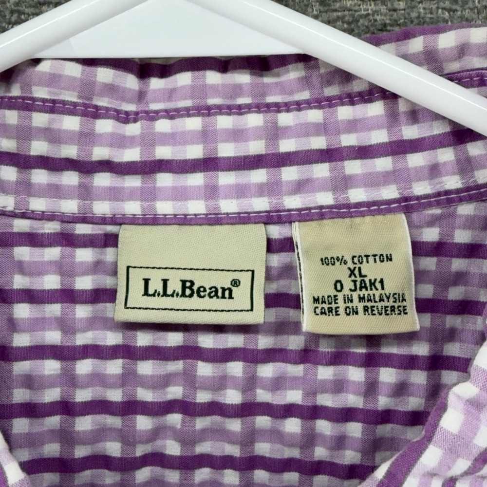 LL Bean Blouse Top Women Size XL Purple Check Seersucker 3/4 Sleeve Casual - Picture 3 of 7